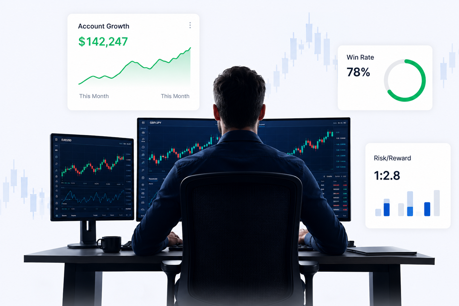 Professional forex trader analyzing markets on multiple screens